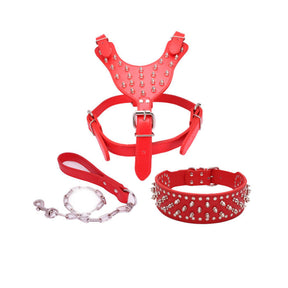 Pet Leash Collar Harness Three-piece Set Anti-bite Rivets-Red