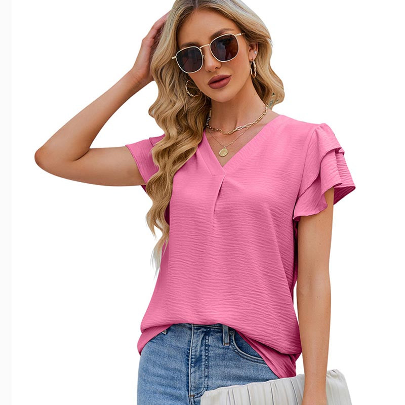 Womens Ruffle Short Sleeve Chiffon Blouses V Neck Solid Color Casual Top-Bright Pink