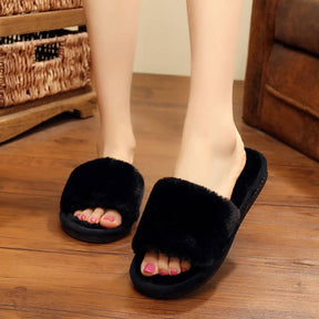 Womens Fuzzy Slippers Open Toe Cozy Memory Foam Sandals-Furry Black