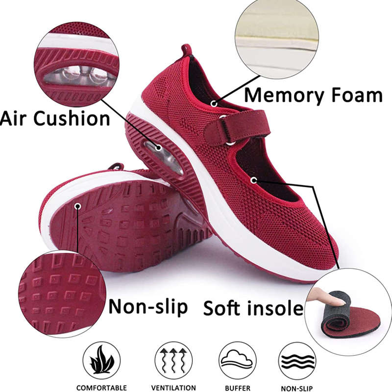 Women Casual Air Cushion Sneakers Velcro Mary Jane Shoes-Red