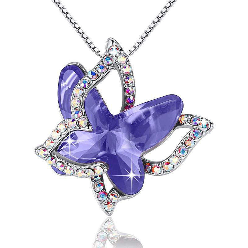 Butterfly Birthstone Crystal Pendant Necklace Gifts for Women Girls-CrystalBlue