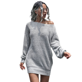 Womens Autumn Winter Off Shoulder Casual Loose Sweater Dress-Gray