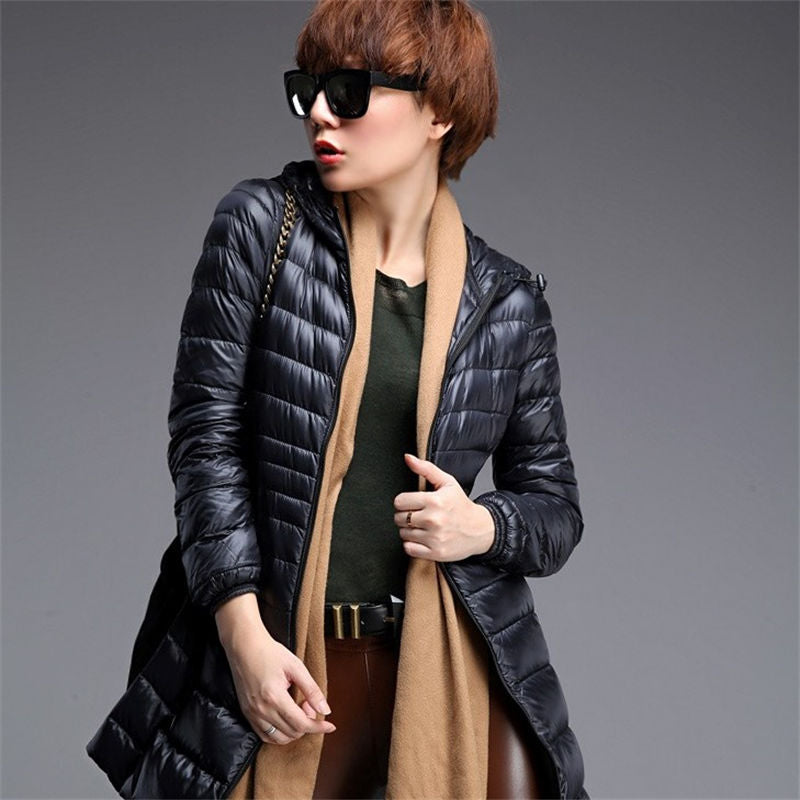 Womens Lightweight Puffer Jacket Hooded Winter Mid Length Coat-Black