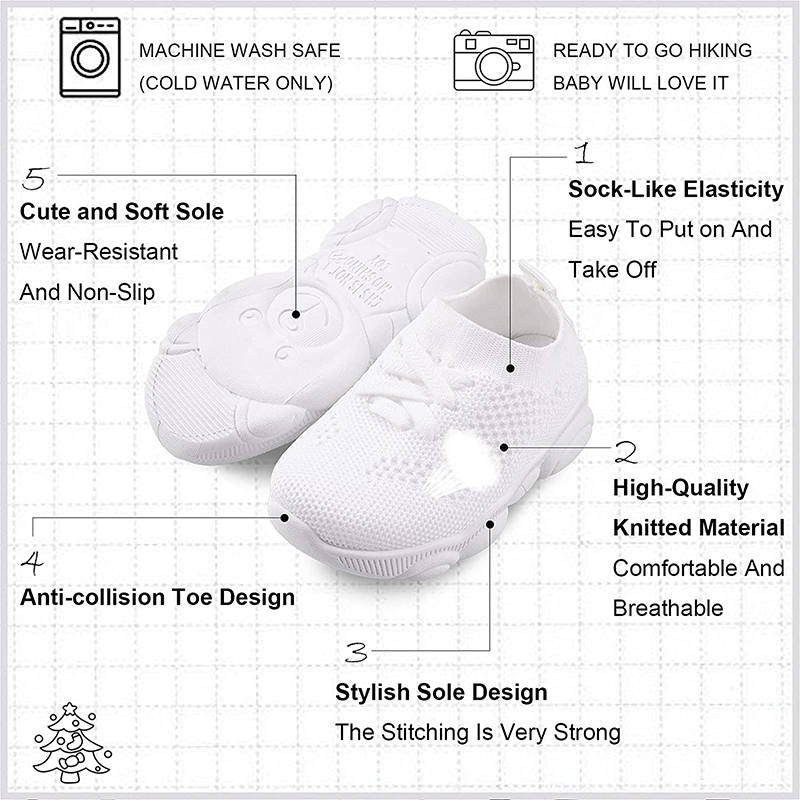 Baby First Walking Shoes Toddler Boys Girls Cotton Mesh Breathable Sneakers-White