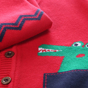 Toddler Boys Long Sleeve Knitted Sweatshirts Cartoon Dinosaur V-Neck Cardigan Sweaters-Red