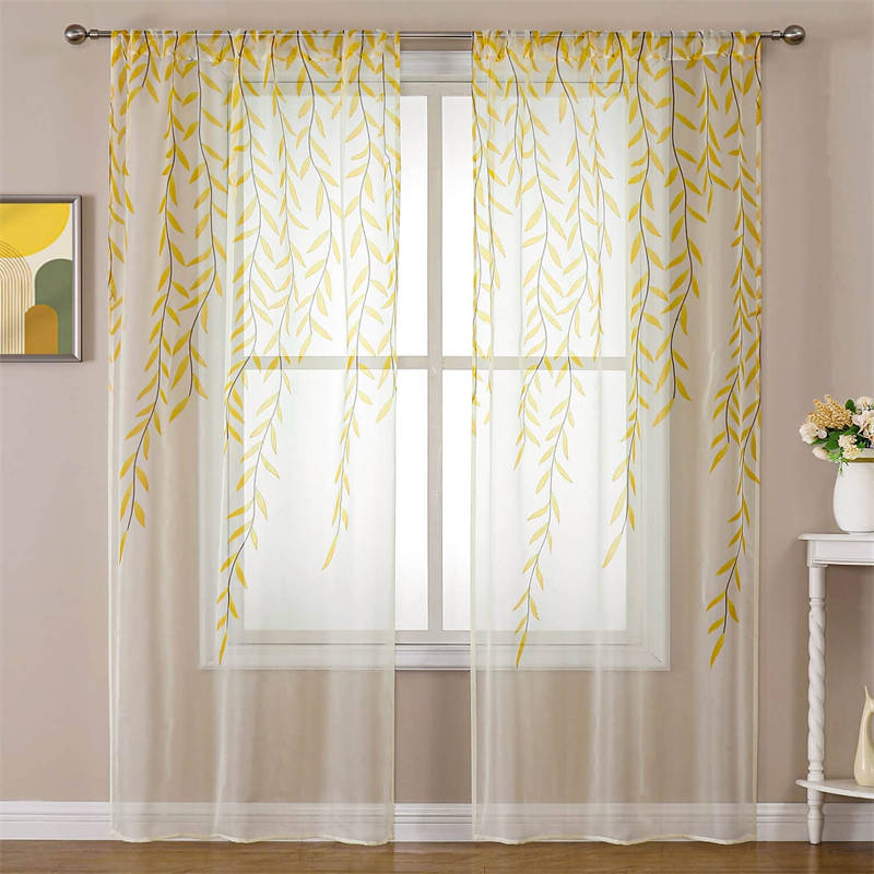 2 Panels Sheer Curtains Rod Pocket Willow Leaves Print for Living Room-Yellow