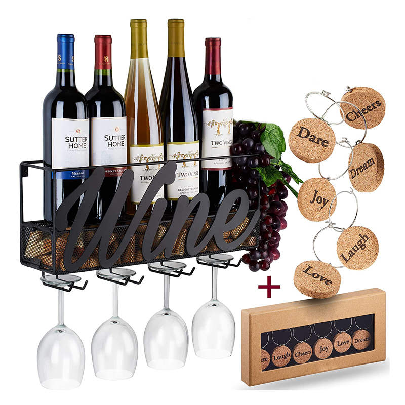 Wall Mounted Wine Rack Bottle Glass Holder Cork Storage with 6 Cork Wine Charms