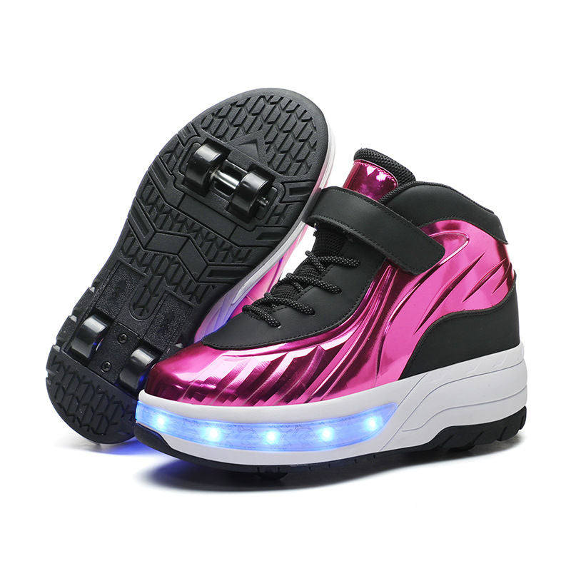Fashion Kids Sneakers LED Roller Skate Shoes with Four Wheels-Pink