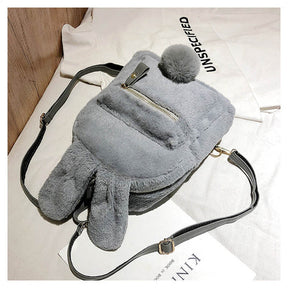 Women Cute Rabbit Ears Backpack Fluffy School Bag Satchel-Grey