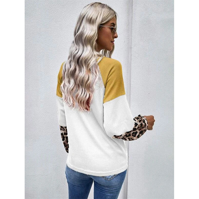 Womens Twist Knot Shirts Waffle Leopard Print Color Block Loose Fit Tops-White