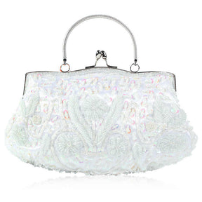 Beaded Sequin Design Flower Evening Purse Large Clutch Bag-White