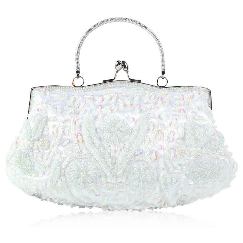 Beaded Sequin Design Flower Evening Purse Large Clutch Bag-White