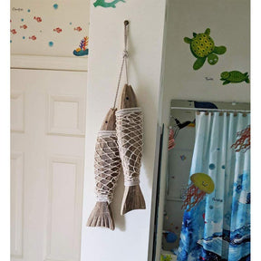 1 Pair Wooden Fish Decorations Hanging Wood for Wall Beach Theme Home Decor-L