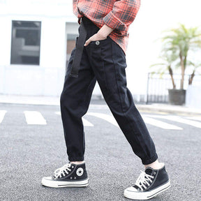 Girls Joggers Long Pants Pockets Outdoor Casual Trousers Buttons-Black