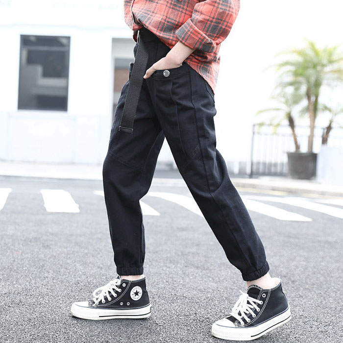 Girls Joggers Long Pants Pockets Outdoor Casual Trousers Buttons-Black