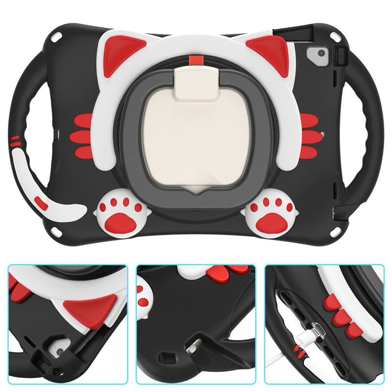 CatB Silicone Case For iPad Pro 9.7 inch Air1/2 Shockproof Shoulder Strap Handle Stand-Black Red