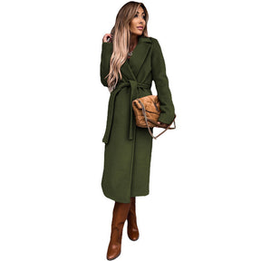 Womens Trench Coats Lapel with Tie Belt Fashion Winter Long Outwear-Army Green