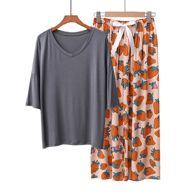 2 Pack Womens Pajama Set Print Sleepwear Soft V-Neck Short Sleeve Top With Pants-18