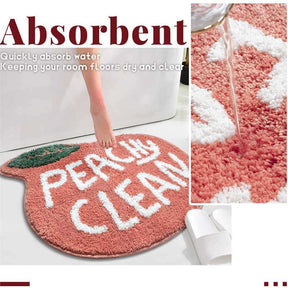 Bath Rug Coral Pink Peach Shape with White Words Cartoon Plush Water Absorbent Bathroom Decor Non Slip Washable Rug