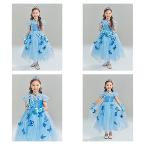 Girls Princess Dress with Accessories Butterflies Tulle Party Gown-Blue