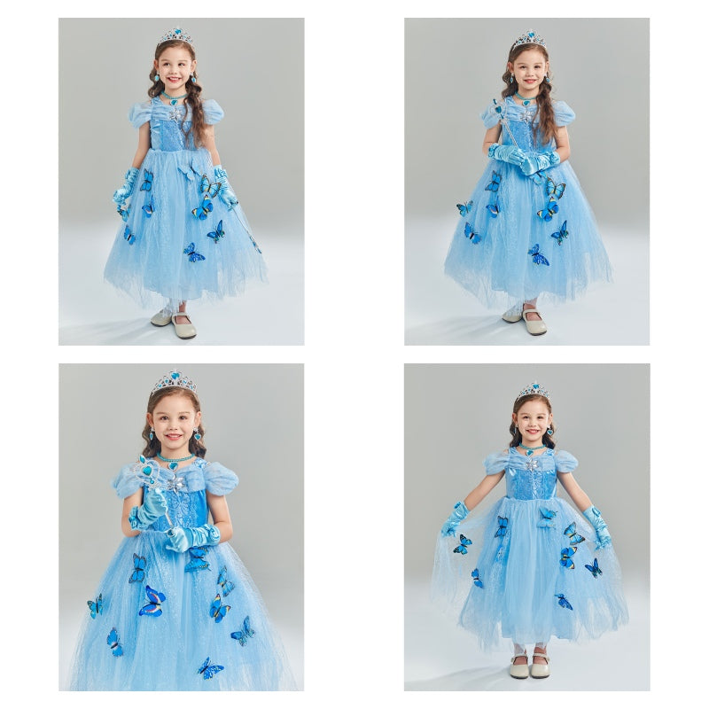 Girls Princess Dress with Accessories Butterflies Tulle Party Gown-Blue