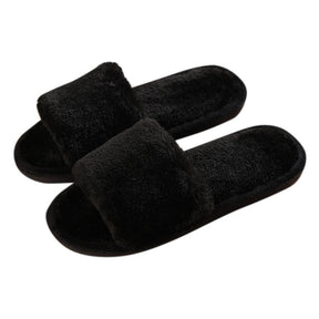 Womens Fuzzy Slippers Open Toe Cozy Memory Foam Sandals-Furry Black