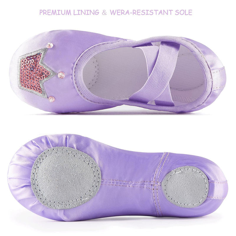 Ballet Shoes for Girls Soft Leather Satin Flat Gymnastic Shoes-Purple