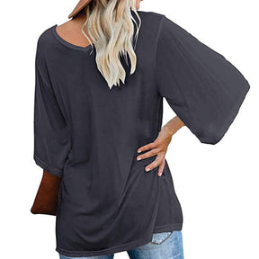 Womens Solid Color Simple V Neck Mid Sleeve T-Shirt-Gray