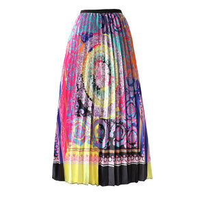 Womens Print High Waist Pleated Trendy Elegant A Line Maxi Skirt-D