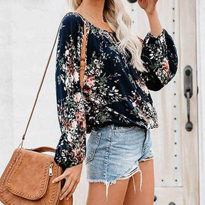 Womens V-neck Casual Boho Floral Print Long Sleeve Shirts-Navy