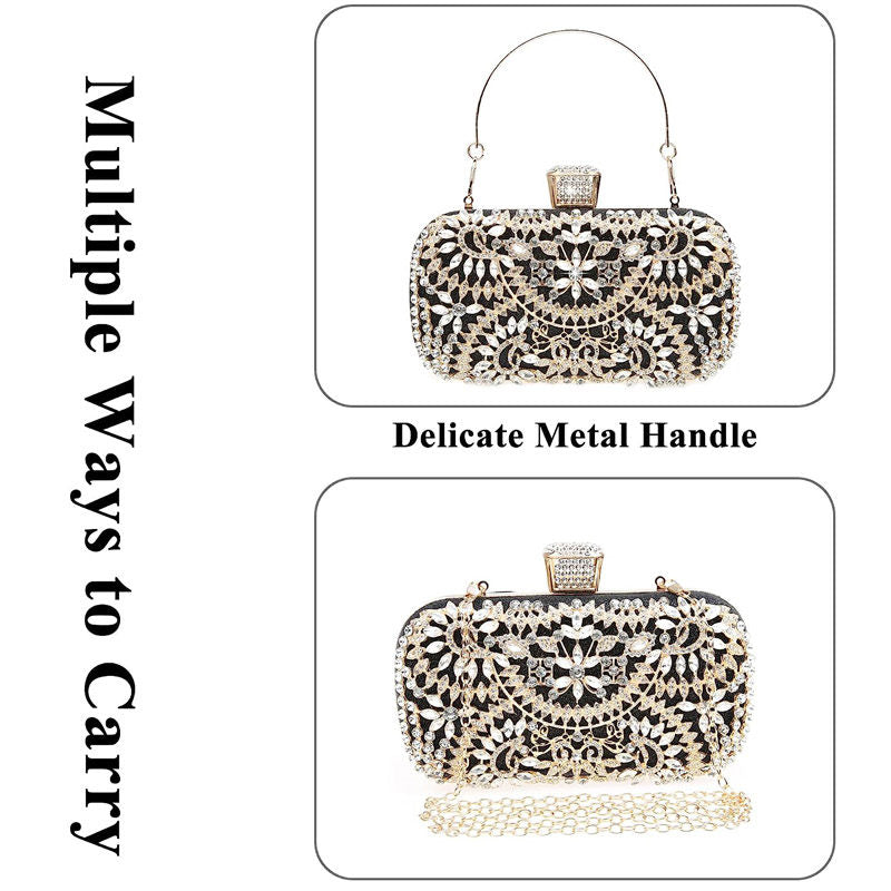 Womens Sparkly Crystal Clutch Bag Bridal Purse Evening Handbag-Black