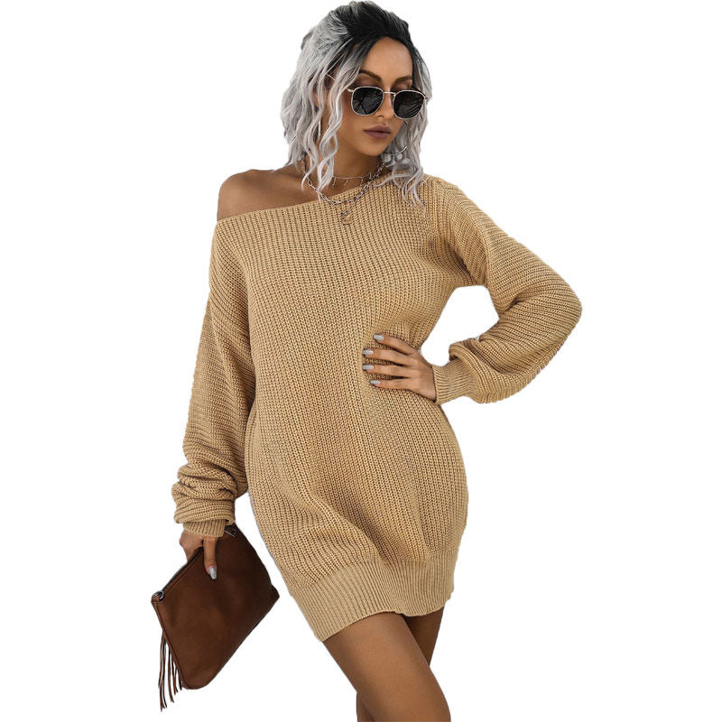 Womens Autumn Winter Off Shoulder Casual Loose Sweater Dress-Khaki