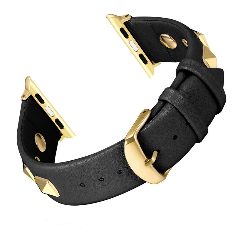 Stylish Golden Rivets Leather Replacement Band for iWatch Series 6/5/4/3/2/1/SE-Black
