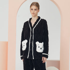 Womens V Neck Buttons Cardigan Pajamas Set-White Bear