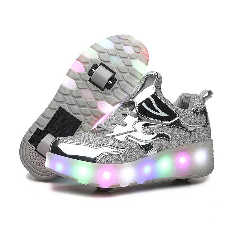 Kids LED Roller Skates Fashion Sneakers with Double Wheel-E67-Silver