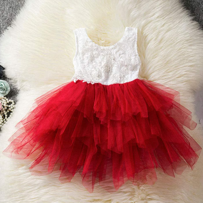 Little Girl Lace Flower Tutu Dress Backless Wedding Flower Girl Dress-Red