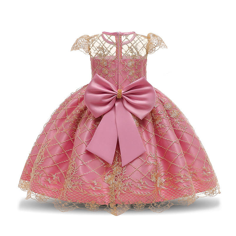 Girl Flower Lace Printed Cotton Elegant Tulle Bow Belt Princess Dress-12Pink