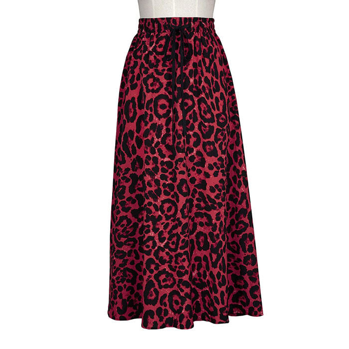 Women's Gold Velvet Fashion Leopard Printing Maxi Skirt High Elastic Shirring Waisted Dress-Red