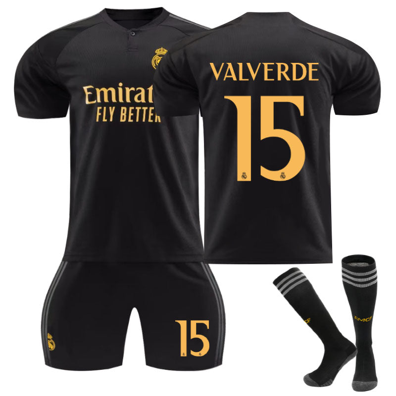 Real Madrid Second Away Jersey VALVERDE #15 Soccer Jersey Kids Adult 3Pcs Jersey Kits