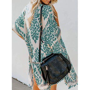 Women Print Kimono Tassel Casual Cardigan V Neck Loose Swimsuit Cover Up Beachwear-Green