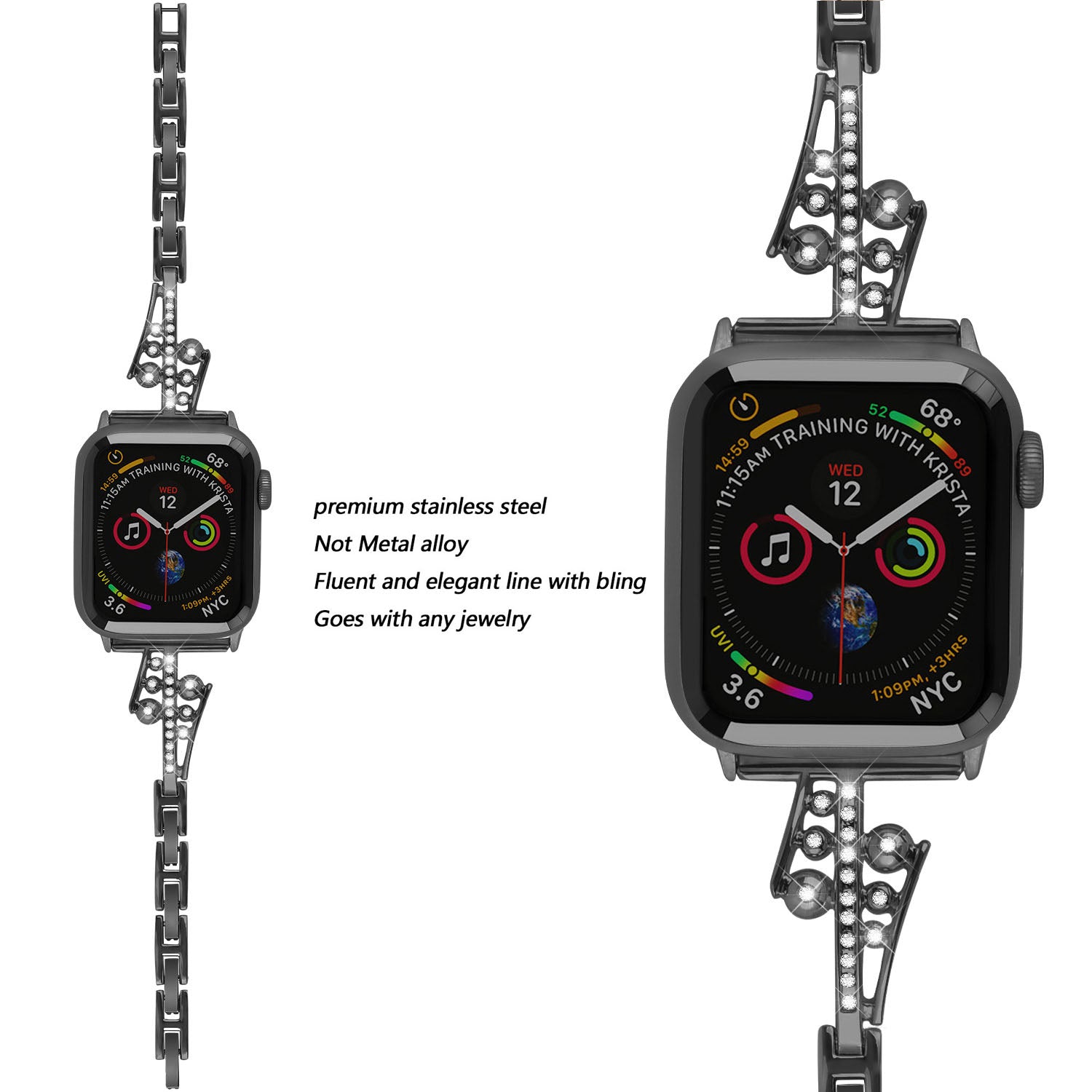 JCZ Watch Band Diamond Rhinestone Stainless Steel Wristbands for Apple IWatch Series 1/2/3/4/5/6/SE For Women-Black