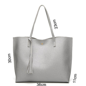 Womens Soft Leather Tote Shoulder Bag Big Capacity Tassel Handbag-Silver