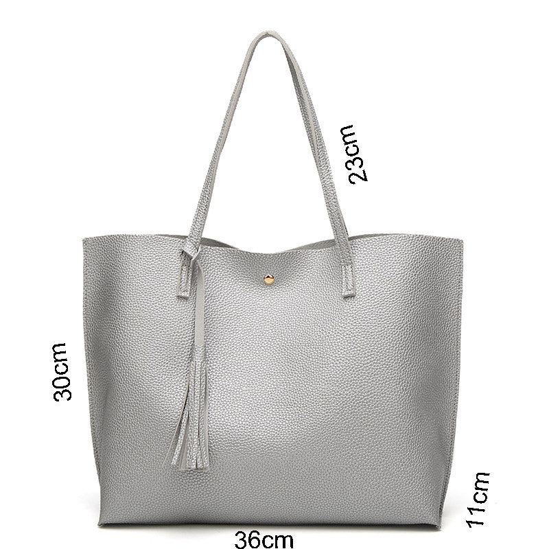 Womens Soft Leather Tote Shoulder Bag Big Capacity Tassel Handbag-Silver