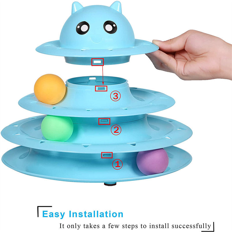 Cat Toy Roller 3-Level Turntable with Six Colorful Balls Interactive Puzzle Kitten Toys-Blue