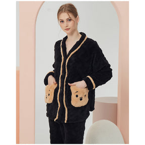 Womens V Neck Buttons Cardigan Pajamas Set-Yellow Bear