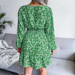 Womens Floral Long Sleeve V Neck Elastic High Waist Chiffon Dress-Green