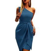 Solid Color Sleeveless Sloping Shoulder Strap Party Cocktail Dress-Blue