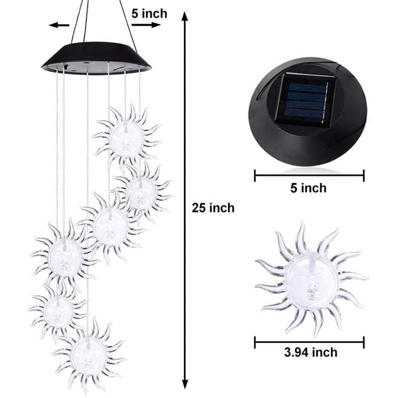 Sun Solar Wind Chimes Colors Changing Light for Garden Terrace-Black