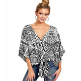 Boho Womens Blouse V Neck Tie Knot 3/4 Sleeve Summer Casual Tops-Black White