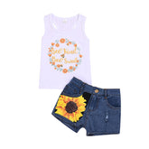 2Pcs Baby Girl Sunflower Outfits Sleeveless Tank Top and Denim Shorts Summer Clothes-White